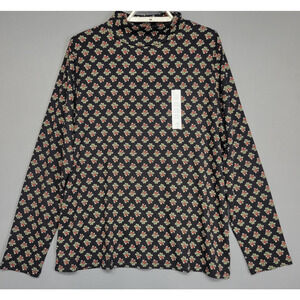 Croft & Barrow Top Womens 2XL Black Red Holly Berry Mock Neck Cotton Christmas